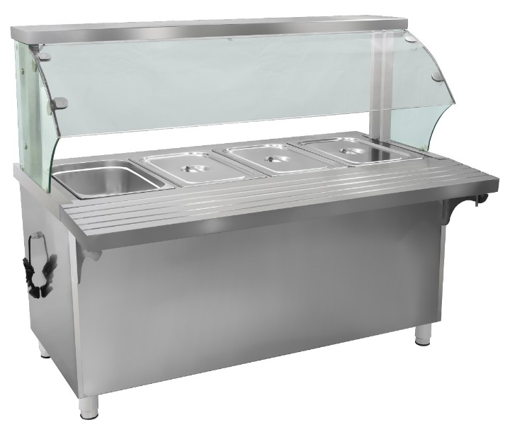 Ss Service Bain Marie With Sneeze Guard (glass) For 4 Gn Pans Of 1/1